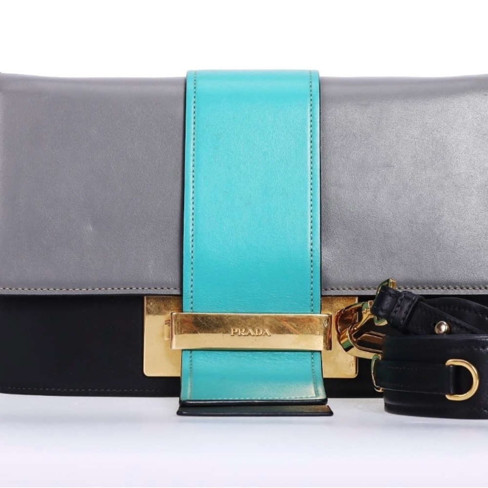 Prada Gray and Black Crossbody with Gold and Turquoise Accent